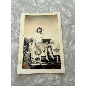 Vintage 1950s B&W Snapshot Woman Sitting on Classic Car Hood Deckled Edge Photo